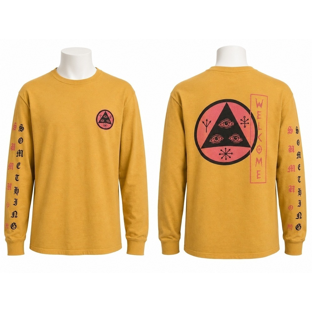 WELCOME Large Mustard Long Sleeve Graphic T Shirt Occult Eye Symbols Cotton